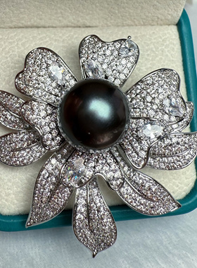 巨大13mm海水大溪地黑珍珠正圆强光重工满钻胸针吊坠两用款