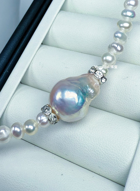 镜面极光蓝粉色大巴无核碎银子纯天然淡水珍珠项链串珠