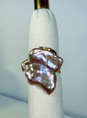 蝴蝶镜面油画极光炫彩无核花瓣纯天然淡水珍珠戒指可调节