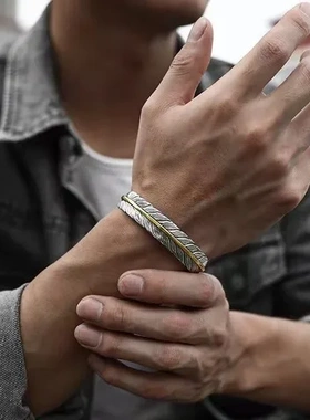 手镯开口手饰羽毛潮男饰品手环唐草纹高桥吾郎个性百搭复古