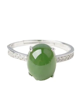 直销戒指玉石证书和田玉指环925纯银碧玉镶嵌天然女戒