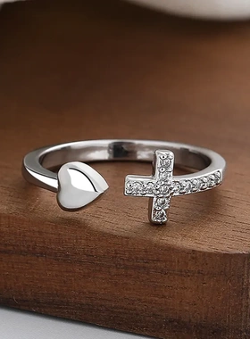 欧美跨境外贸热销镶钻十字架爱心开口戒指几何型桃心女式戒指