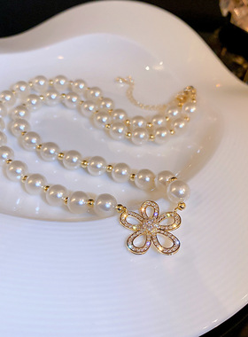 韩国东大门时尚新款个性珍珠镶钻花朵项链颈链锁骨链网红气质项饰