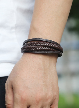 跨境电商饰品多层简约编织男士皮革手链欧美新款磁铁扣仿牛皮手链