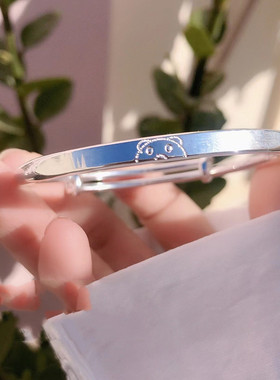 抖音直播白铜镀银小熊推拉手镯时尚高级感素圈年轻款镯子生日礼物