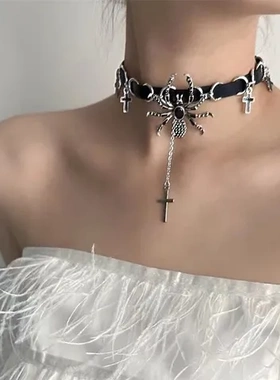 choker项链朋克风皮革蜘蛛女暗黑精致黑色脖子颈环项圈配饰设计感