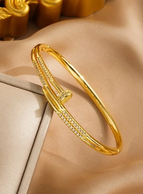 跨境爆款铜镀真金高质感带钻钉子戒指手镯时尚叠戴大气轻奢高级感