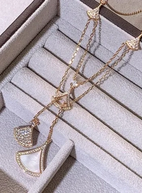 百搭裙子跨境镀流苏项链玫瑰金白贝双层轻奢扇欧美多18K锁骨链女