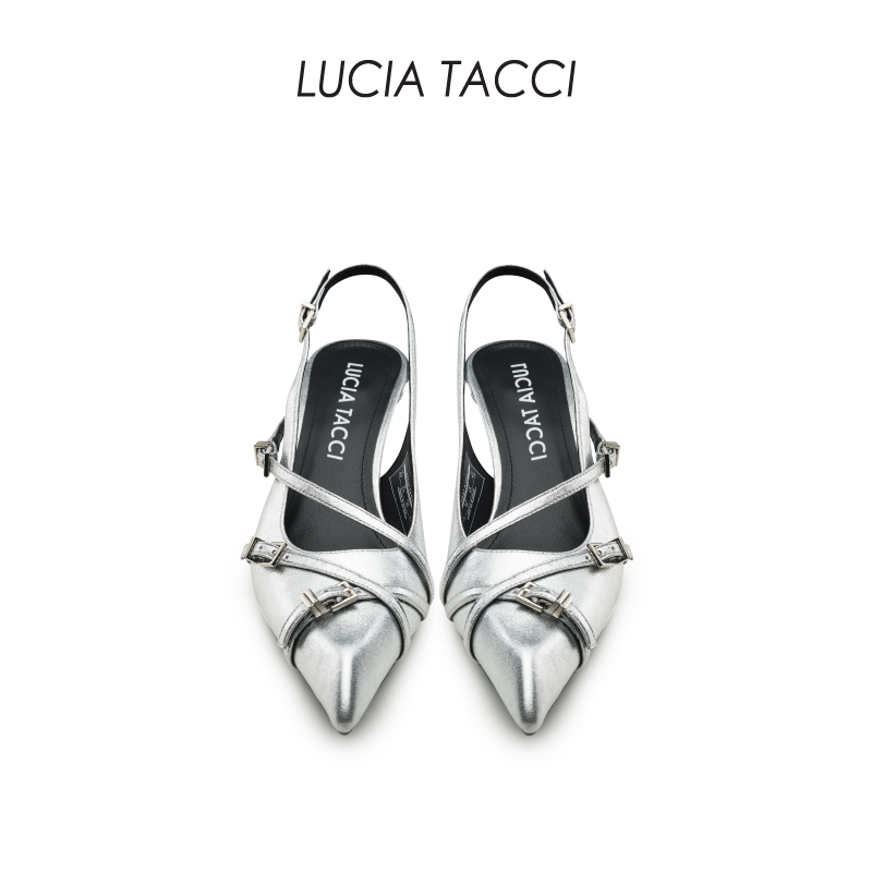 LUCIA TACCI达人同款｜24春夏新品牛皮细皮带尖头猫跟后空凉鞋 - 图1