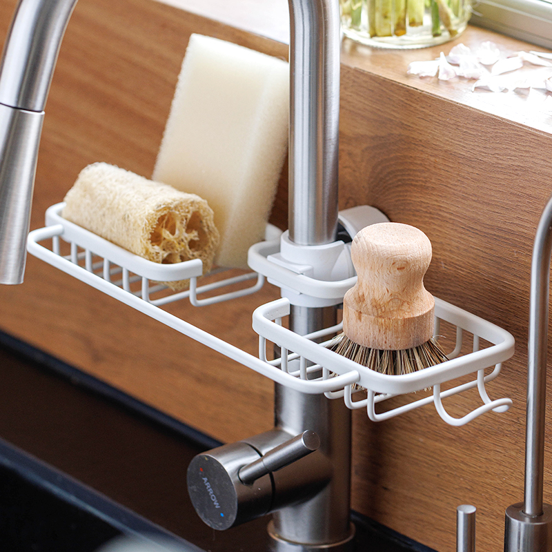 太空铝厨房水龙头置物架洗菜池水槽架子沥水篮钢丝球海绵收纳神器 - 图0