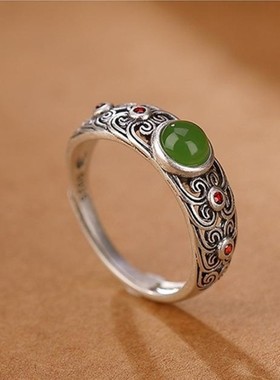S925纯银和田玉碧玉招财转运珠戒指女款食指环复古风国潮小众开口
