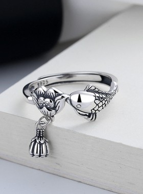 招财转运锦鲤戒指女戒个性复古食指小众设计潮开口可调节S925纯银