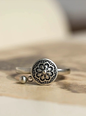 S925纯银招财转运轮戒指复古做旧国风国潮女款六字真言可旋转开口