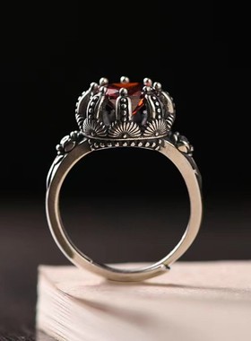 复古S925银轻奢欧美风皇冠女戒指个性开口指环时尚小众红玛瑙食指