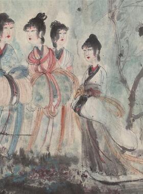 新品当代傅抱石游春图写意人物X画春景图高清微喷复制临摹范本