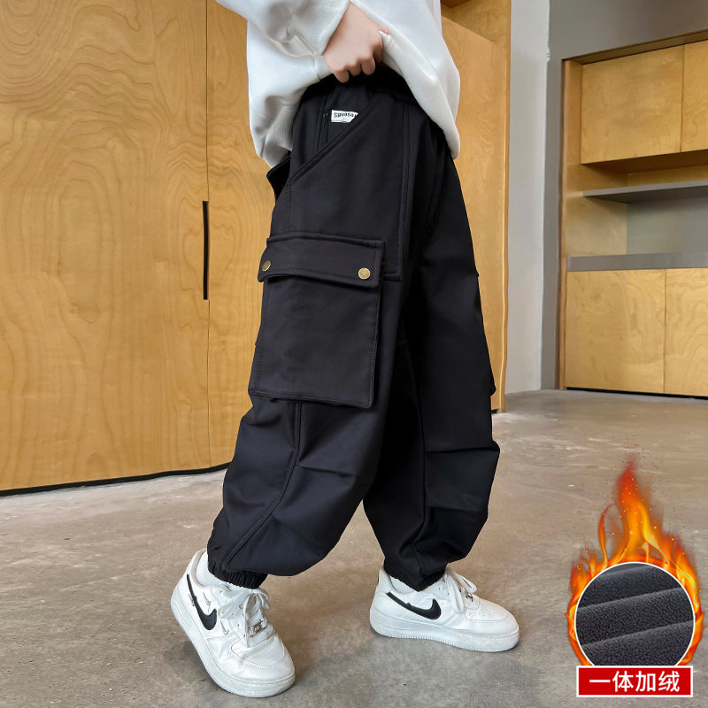 男童工装裤加绒2024秋冬新款中大童潮酷加厚束脚裤儿童一体绒裤子,淘宝优惠券,粉丝福利购,淘宝优惠卷