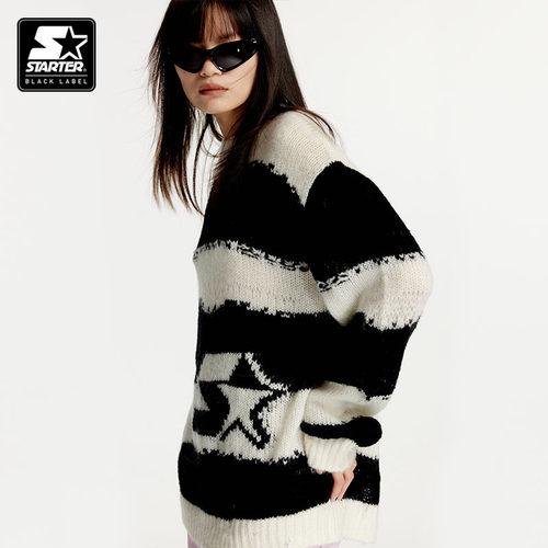 张颜齐同款毛衣STARTER新款慵懒风秋冬黑白条纹休闲长袖针织衫 - 图1