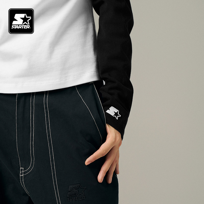 STARTER长袖T恤秋季纯棉黑白插肩修身显瘦休闲男女同款百搭上衣,淘宝优惠券,粉丝福利购,淘宝优惠卷