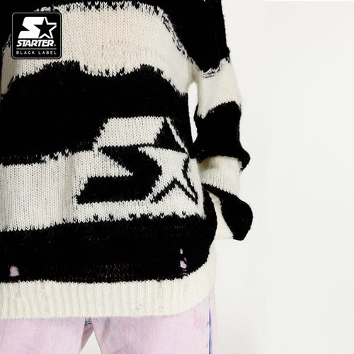 张颜齐同款毛衣STARTER新款慵懒风秋冬黑白条纹休闲长袖针织衫 - 图0