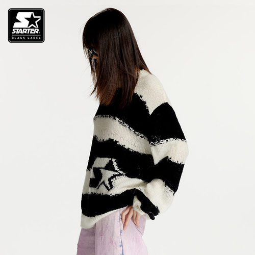张颜齐同款毛衣STARTER新款慵懒风秋冬黑白条纹休闲长袖针织衫 - 图2