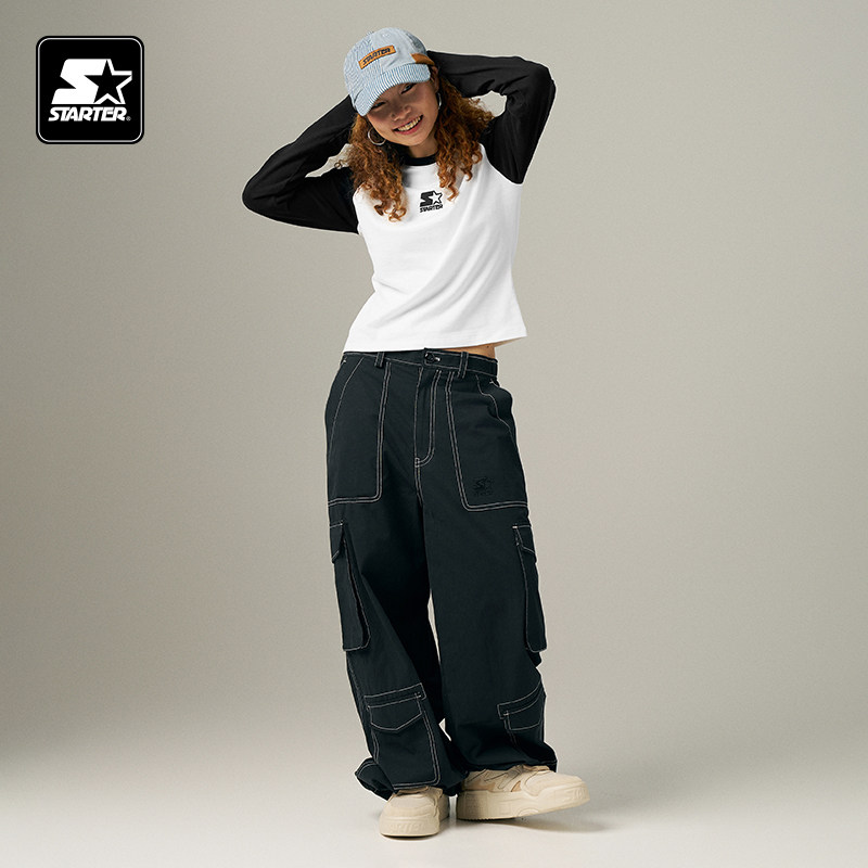 STARTER长袖T恤秋季纯棉黑白插肩修身显瘦休闲男女同款百搭上衣,淘宝优惠券,粉丝福利购,淘宝优惠卷