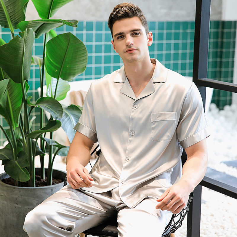 蕾恰100%真丝男夏季情侣短袖睡衣 蕾恰睡衣/家居服套装