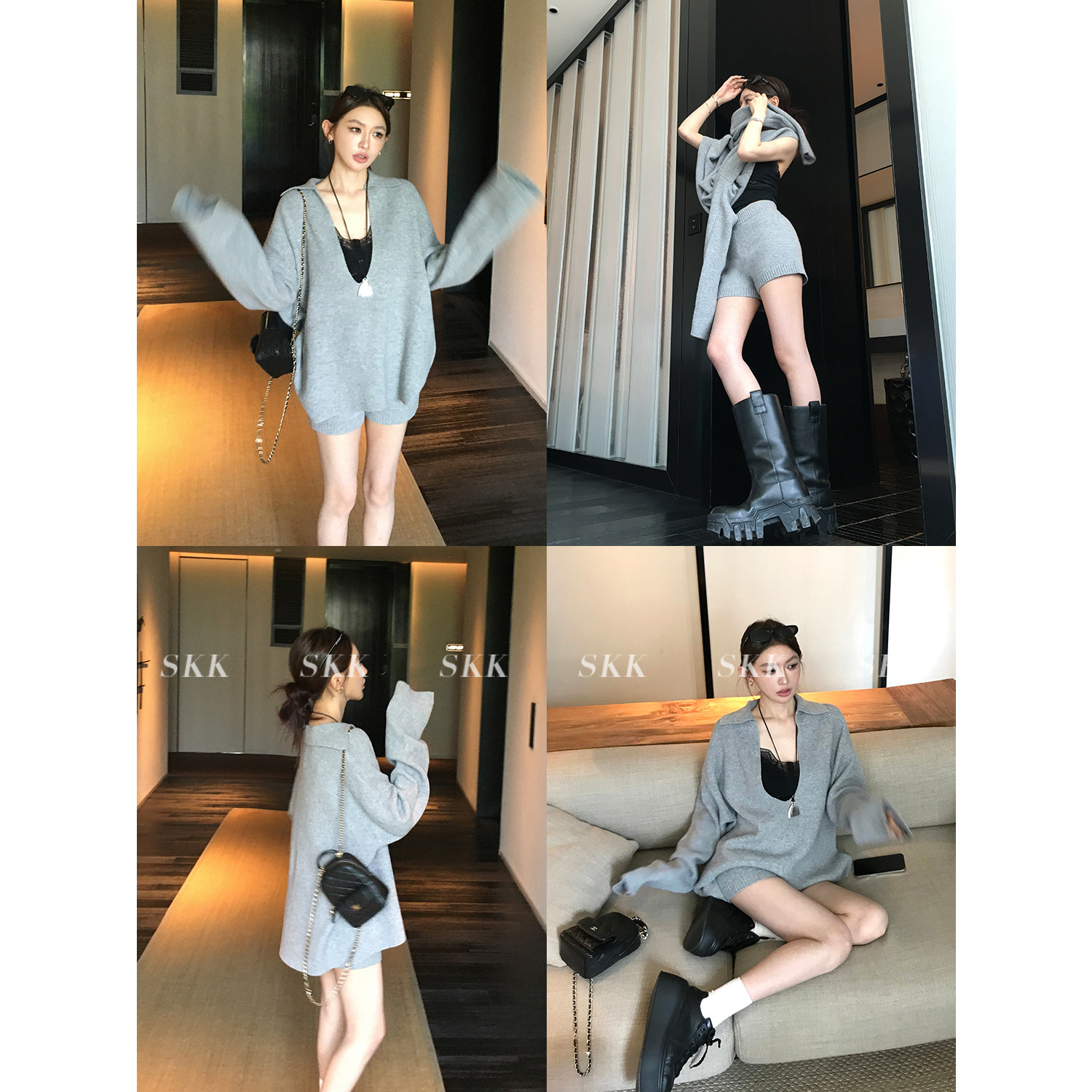 Skk Store 自在起居 松弛感羊毛大V领坑条针织衫短裤休闲套装女秋