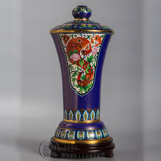 北京特色手工艺景泰蓝花瓶铜胎掐丝珐琅15寸凤尾罐奖杯尊收藏礼品