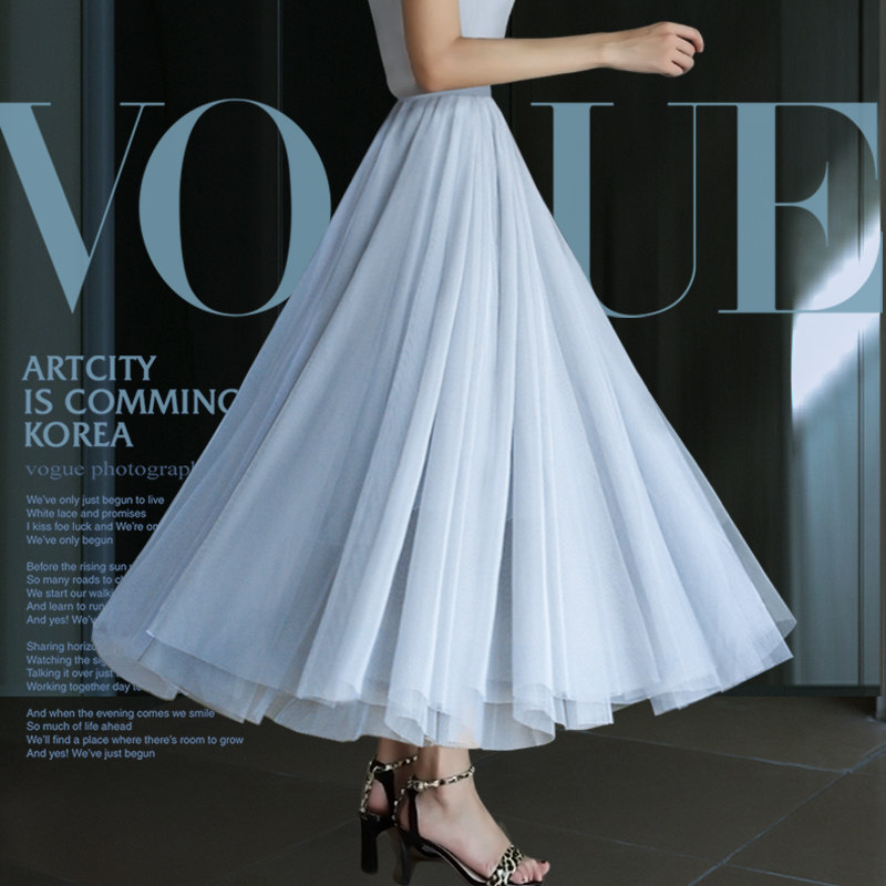 a字高腰夏春秋中长款百褶网纱裙 诗勒半身裙