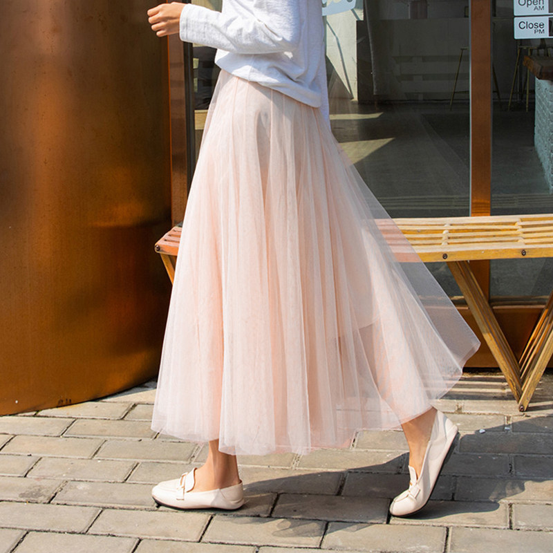 a字高腰夏春秋中长款百褶网纱裙 诗勒半身裙