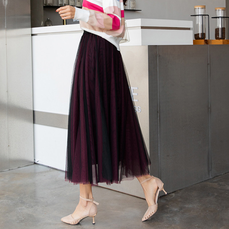 a字高腰夏春秋中长款百褶网纱裙 诗勒半身裙