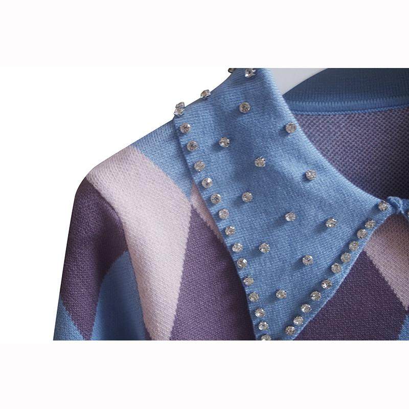 潮牌复古刺绣小猫咪针织衫女2025春季菱格撞色娃娃领长袖套头上衣,淘宝优惠券,粉丝福利购,淘宝优惠卷