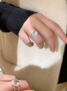 蕾丝镂空水沫玉蛋面戒指女925银