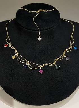 彩虹公主方蕾丝项链颈链女925银