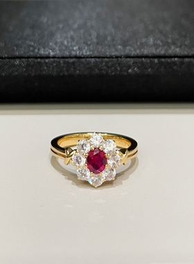 复古红宝石围镶花朵戒指女925银