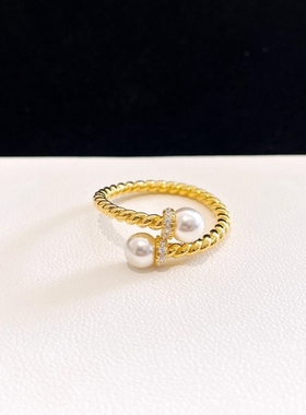 交叉麻花双珍珠戒指女925银