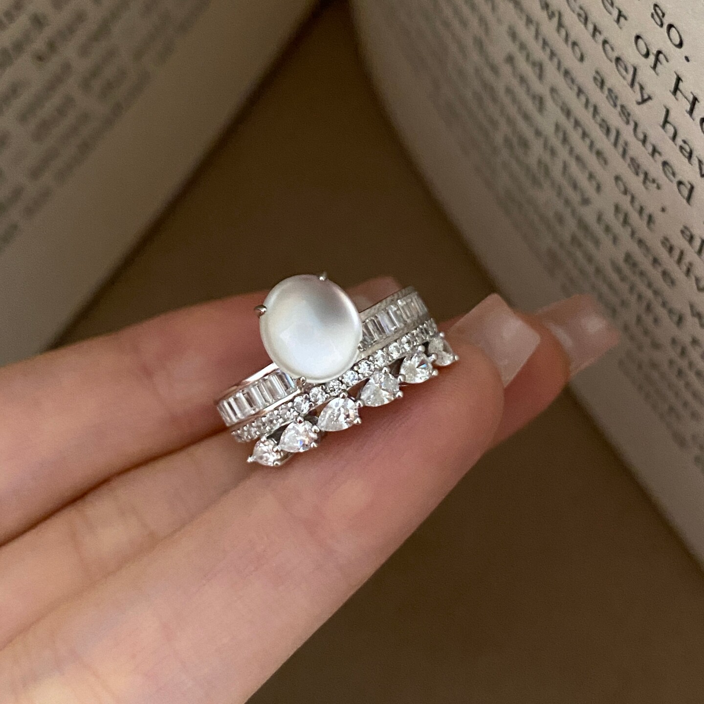 Russian jade three-row diamond ring 925 silver gold-plated