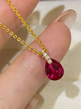 极简红刚玉红色小水滴项链925银