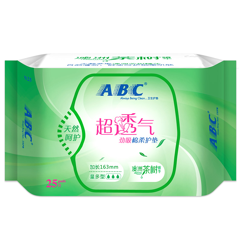 ABC卫生巾护垫女澳洲茶树棉柔清凉透气163mm加长量多型组合装整箱 - 图0