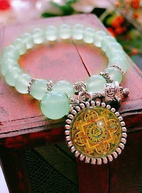 绿度母心咒手串女定制佛像吊坠唐卡坛城手链护持美貌天然玉髓项链