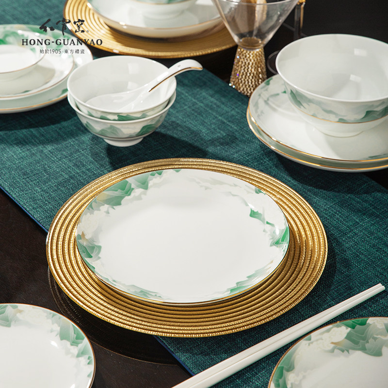 红官窑醴陵陶瓷餐具轻奢新款家用高级感乔迁送礼碗碟套装千里江山