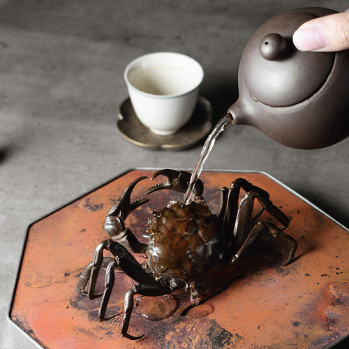 栈语 复古铜茶宠摆件 大闸蟹 螃蟹实心铜茶宠 可养创意茶玩摆件 - 图2