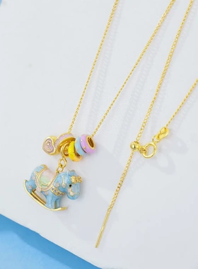 卡通珐琅彩木马项链s925纯银金店同款欢乐瑶瑶木马吊坠锁骨链饰品