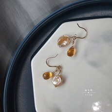 Серьги 天然巴洛克花瓣珍珠黄水晶耳环水滴 香槟金浅金色耳饰甜美气质