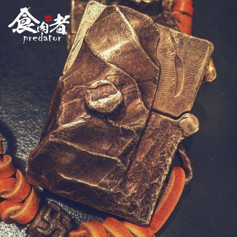 食肉者鬼谷石纹打火机黄铜925银 创意复古定制雕刻字金属盔甲煤油