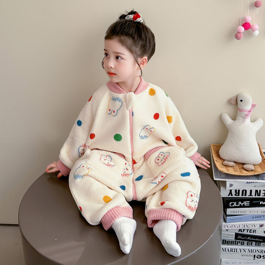 女童连体睡衣冬季保暖雪肤绒儿童防踢爬爬服宝宝加厚如厕版睡袋冬