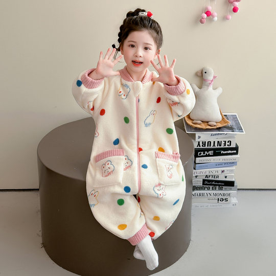 女童连体睡衣冬季保暖雪肤绒儿童防踢爬爬服宝宝加厚如厕版睡袋冬