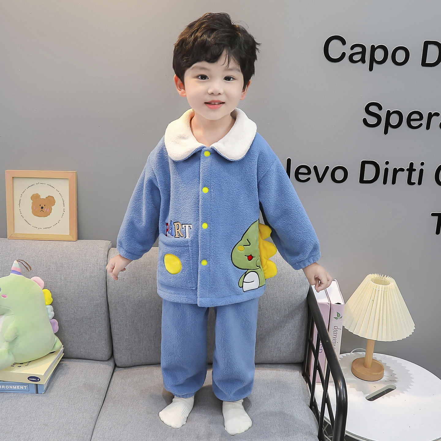 男童睡衣冬季保暖儿童开衫奥粒绒恐龙家居服男孩宝宝加厚卡通套装,淘宝优惠券,粉丝福利购,淘宝优惠卷