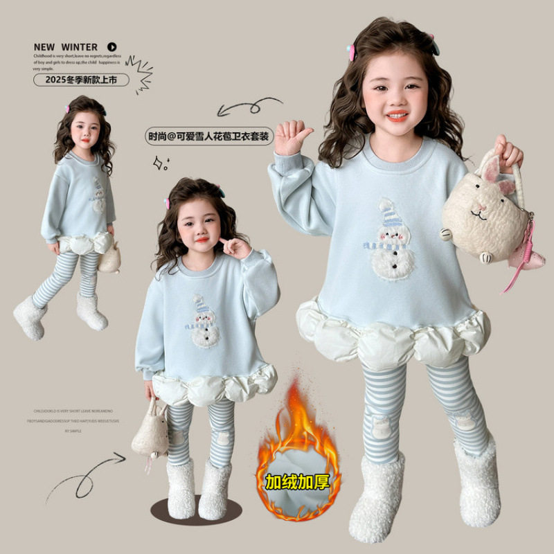 儿童加绒套装2025秋冬新款女童加绒雪人卫衣条纹打底裤可爱两件套,淘宝优惠券,粉丝福利购,淘宝优惠卷