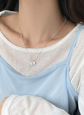 925纯银网格蝴蝶结项链女独特个性高级圆珠颈链精致百搭锁骨链